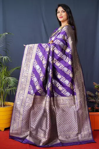 Violet woven banarasi silk blend saree with blouse