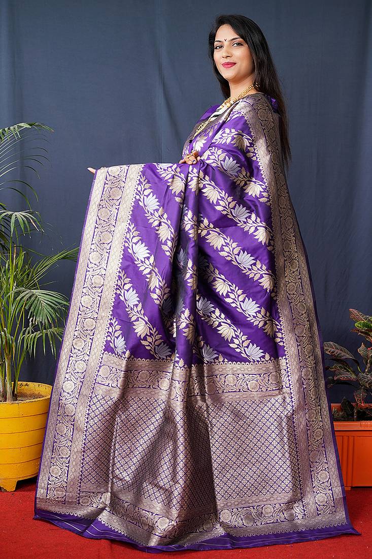 Violet woven banarasi silk blend saree with blouse