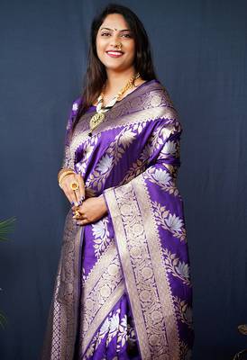 Violet woven banarasi silk blend saree with blouse 3