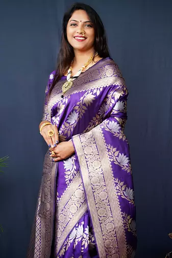 Violet woven banarasi silk blend saree with blouse