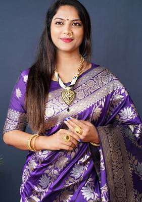 Violet woven banarasi silk blend saree with blouse 4