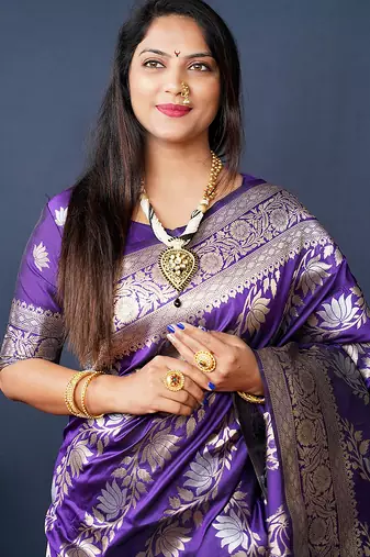 Violet woven banarasi silk blend saree with blouse