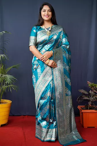 Teal blue woven banarasi silk blend saree with blouse