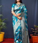 Teal blue woven banarasi silk blend saree with blouse