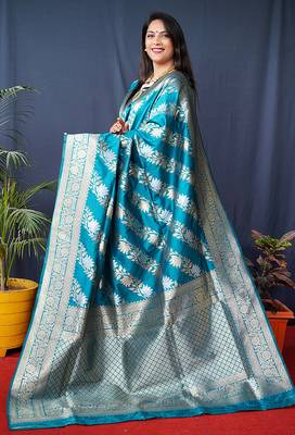 Teal blue woven banarasi silk blend saree with blouse 2