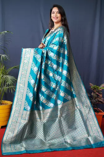 Teal blue woven banarasi silk blend saree with blouse