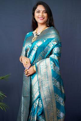 Teal blue woven banarasi silk blend saree with blouse 3