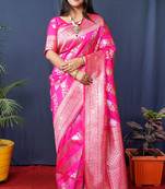 Rani pink woven banarasi silk blend saree with blouse