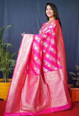 Rani pink woven banarasi silk blend saree with blouse 2