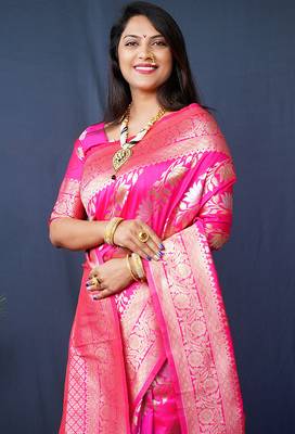 Rani pink woven banarasi silk blend saree with blouse 3