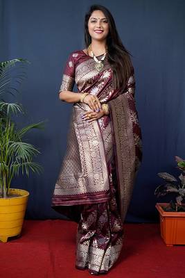 Maroon woven banarasi silk blend saree with blouse 1