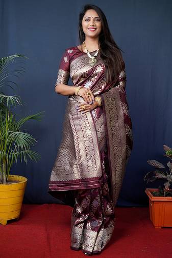 Maroon woven banarasi silk blend saree with blouse