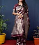 Maroon woven banarasi silk blend saree with blouse