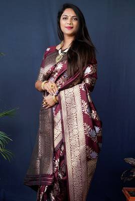 Maroon woven banarasi silk blend saree with blouse 3