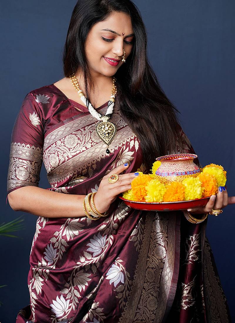 Maroon woven banarasi silk blend saree with blouse
