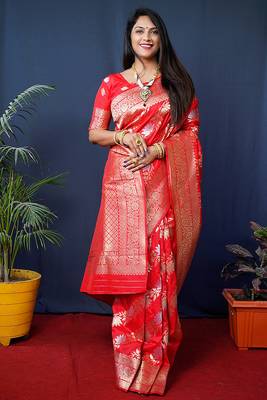 Red woven banarasi silk blend saree with blouse 1