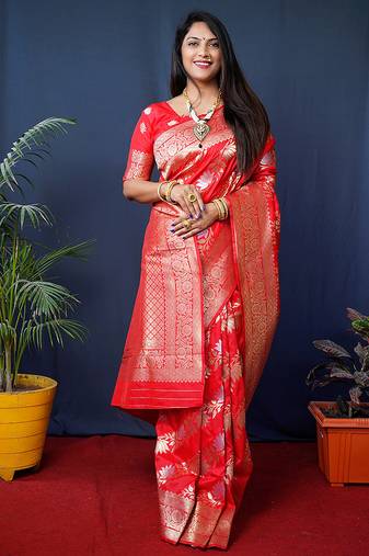 Red woven banarasi silk blend saree with blouse