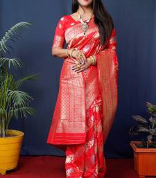 Red woven banarasi silk blend saree with blouse