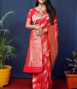 Red woven banarasi silk blend saree with blouse