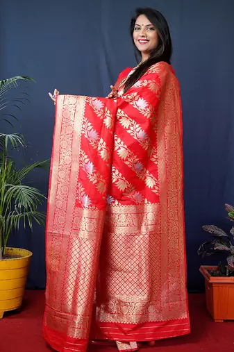 Red woven banarasi silk blend saree with blouse