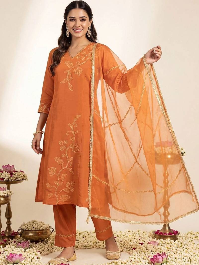 Women Ethnic Motifs Embroidered Regular Thread Work Kurta with Trousers & With Dupatta