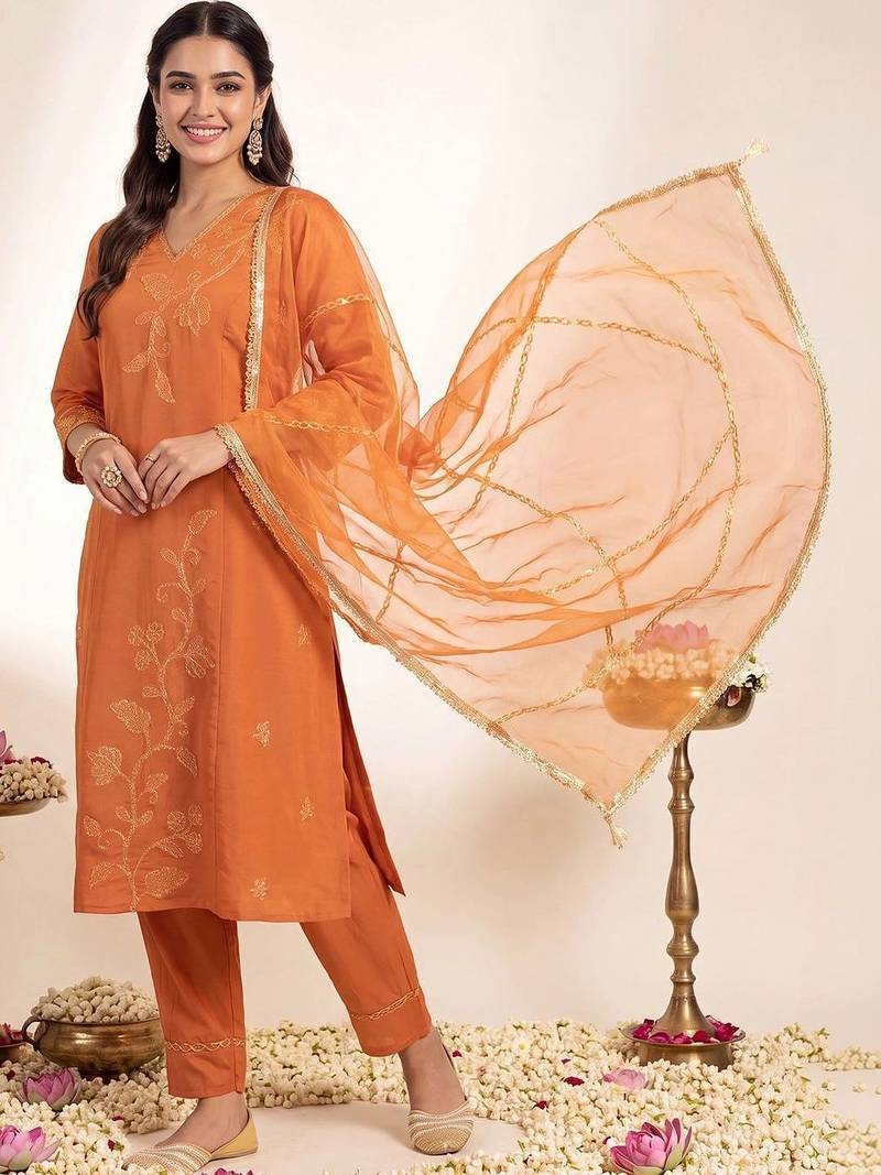 Women Ethnic Motifs Embroidered Regular Thread Work Kurta with Trousers & With Dupatta
