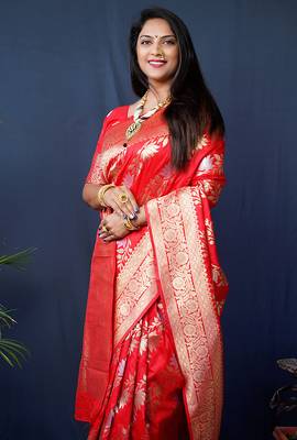 Red woven banarasi silk blend saree with blouse 3