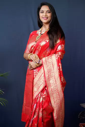 Red woven banarasi silk blend saree with blouse