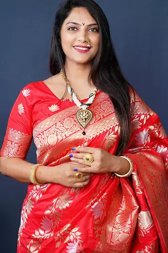 Red woven banarasi silk blend saree with blouse