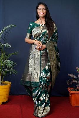 Dark green woven banarasi silk blend saree with blouse 1