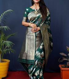 Dark green woven banarasi silk blend saree with blouse