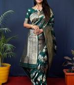 Dark green woven banarasi silk blend saree with blouse