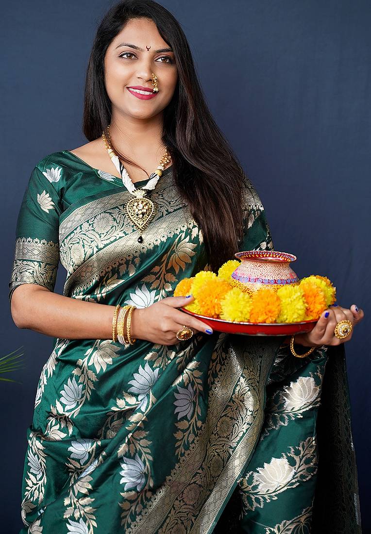 Dark green woven banarasi silk blend saree with blouse