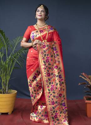 Red zari woven paithani silk blend saree with blouse 1