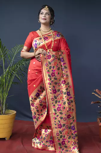 Red zari woven paithani silk blend saree with blouse