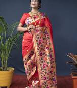 Red zari woven paithani silk blend saree with blouse