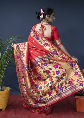Red zari woven paithani silk blend saree with blouse 2