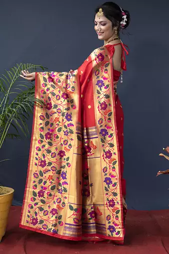 Red zari woven paithani silk blend saree with blouse