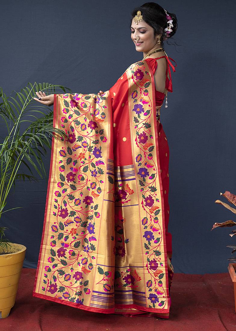 Red zari woven paithani silk blend saree with blouse