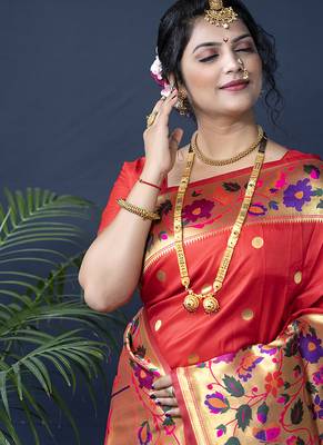 Red zari woven paithani silk blend saree with blouse 4