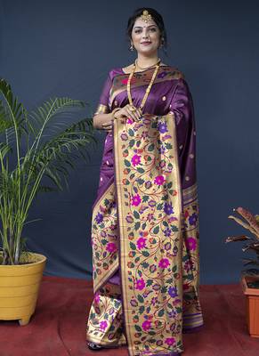Purple zari woven paithani silk blend saree with blouse 1