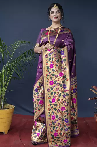 Purple zari woven paithani silk blend saree with blouse