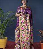 Purple zari woven paithani silk blend saree with blouse