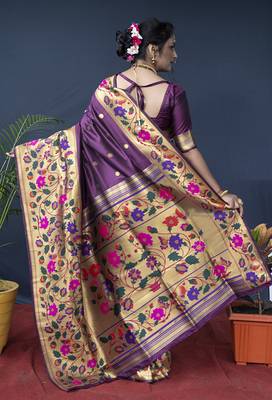 Purple zari woven paithani silk blend saree with blouse 2