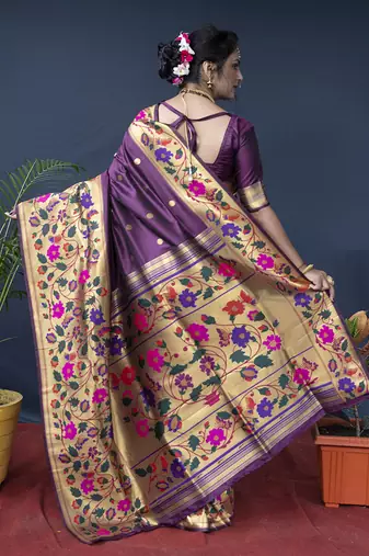 Purple zari woven paithani silk blend saree with blouse