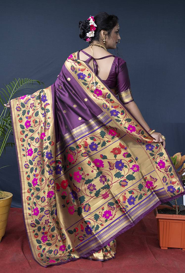 Purple zari woven paithani silk blend saree with blouse