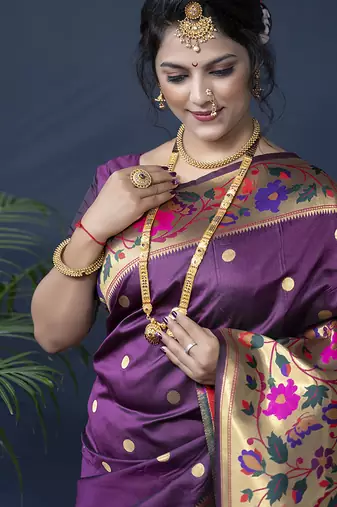 Purple zari woven paithani silk blend saree with blouse