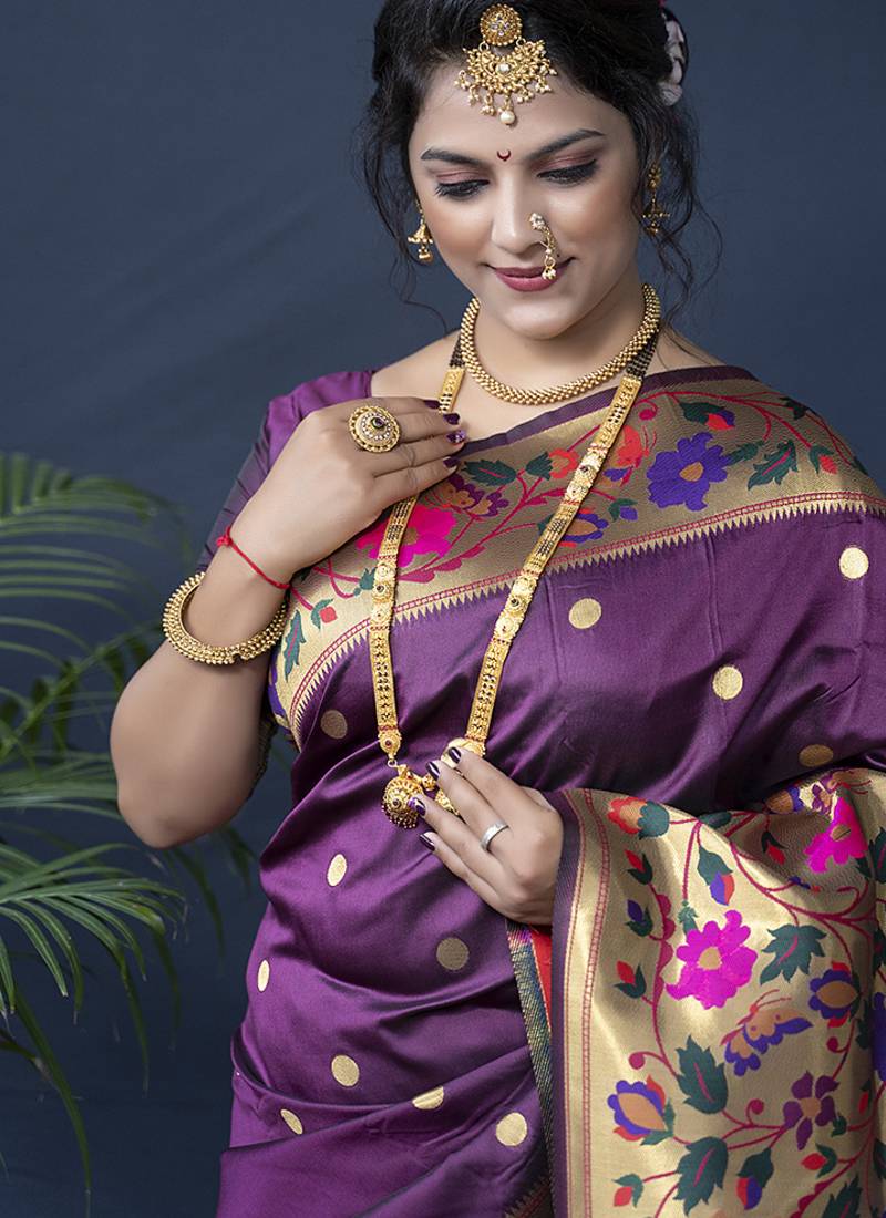 Purple zari woven paithani silk blend saree with blouse