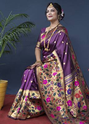 Purple zari woven paithani silk blend saree with blouse 4