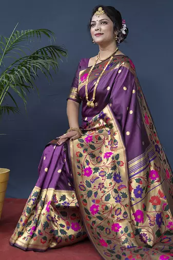 Purple zari woven paithani silk blend saree with blouse